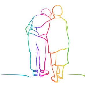 Two elderly lady friends walking away, one is supporting her friend who has difficulty walking. Gracefully aging together as friends vector illustration